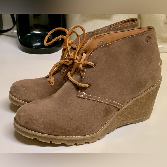 Women’s 7 M Sperry Topsider STELLA Tan Suede Wedge Ankle Boots - Picture 10 of 16